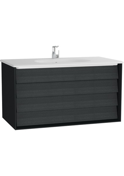 Frame 61233 Lavabo Dolabı Çift Çekmeceli, Etajerli Lavabolu 100cm, Mat S.Siyah - H. Siyah Meşe