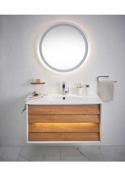 Frame 61228 Lavabo Dolabı, Çift Çekmeceli, Etajerli Lavabolu, 80 cm, Mat S. Beyaz - Dore Meşe