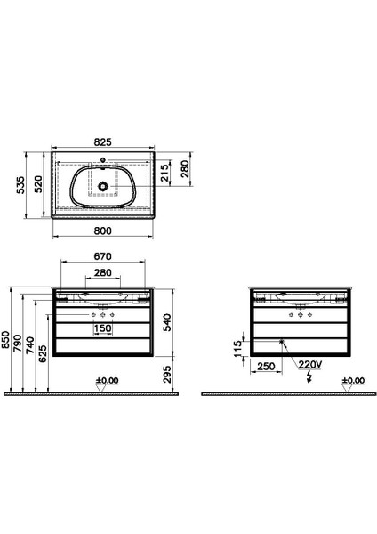 Frame 61228 Lavabo Dolabı, Çift Çekmeceli, Etajerli Lavabolu, 80 cm, Mat S. Beyaz - Dore Meşe