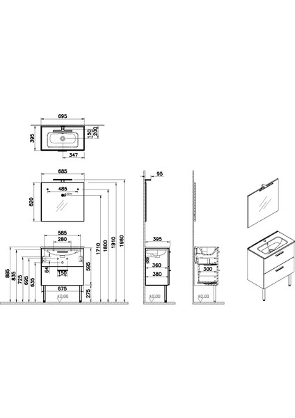66102 Mia Banyo Dolabı Seti Çekmeceli, Ayaklı, 70 cm, Antrasit fiyatları