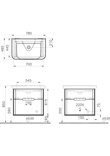 Sento 65877 Lavabo Dolabı 80 cm, çift çekmeceli, ayaksız, Mat Fiyord Yeşili