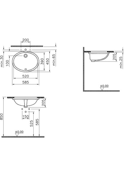 S20 6069B003-0012 Tezgah Altı Lavabo, 52 cm, Beyaz
