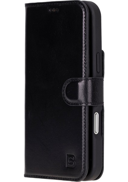 Apple iPhone 16 Plus Uyumlu, Hakiki Deri, El Yapımı, Cüzdanlı Kılıf, Parlak Siyah fırsatları