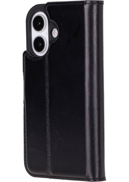 Apple iPhone 16 Uyumlu, Hakiki Deri, El Yapımı, Cüzdanlı Kılıf, Parlak Siyah