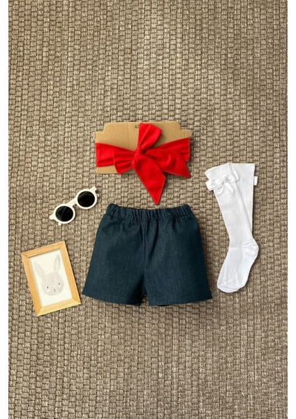 Kız Çocuk Saks Jean Şort Dev Fiyonk Bandana Takım modelleri