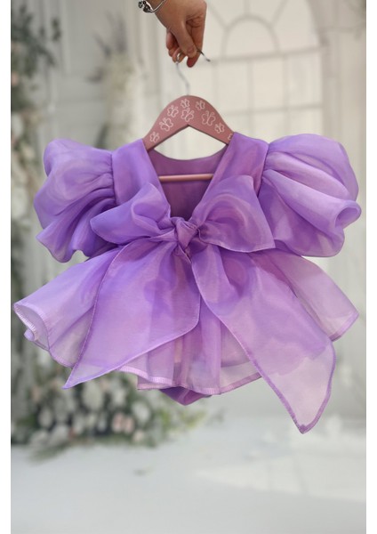 Lila Karolin Pamuk Saten Kız Bebek Çocuk Romper Külotlu Abiye Elbise