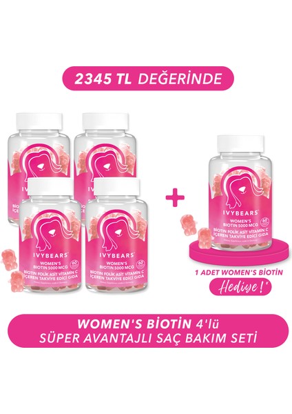 Women's Biotin Saç Vitamin 5000 Mcg 4’Lü Set, 300 Adet, 150 Günlük, 1 Adet Hediye Seti