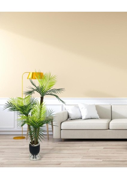 Gümüş Siyah Metal Vazo, 3 Katlı Areka Palmiye, 110cm, 18 Yaprak, Salon Çiçeği
