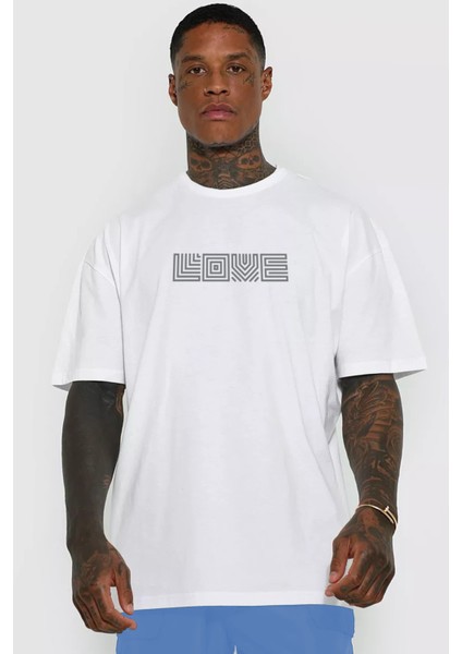 Karede Sevgi Beyaz Kısa Kollu Ön ve Arka Baskılı Oversize Erkek T-Shirt