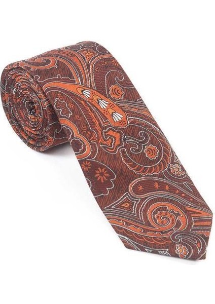 Kiremit Beyaz Şal Motif Desen Kravat Mendil Set