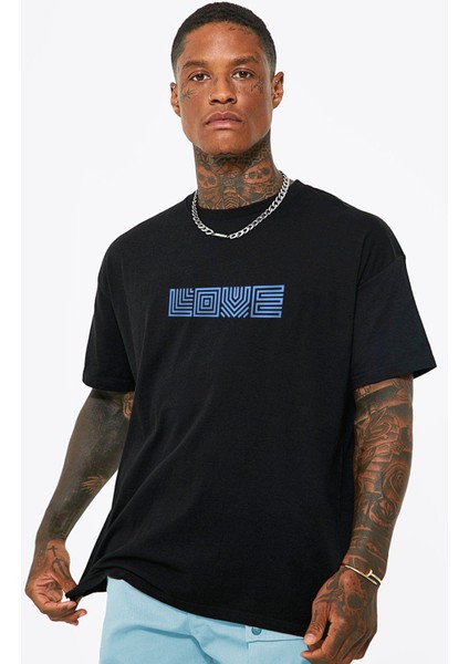 Karede Sevgi Siyah Kısa Kollu Ön ve Arka Baskılı Oversize Erkek T-Shirt fiyatları