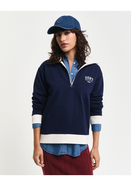 Kadın Lacivert Loose Fit Yarım Fermuarlı Logolu Sweatshirt 4201243.409