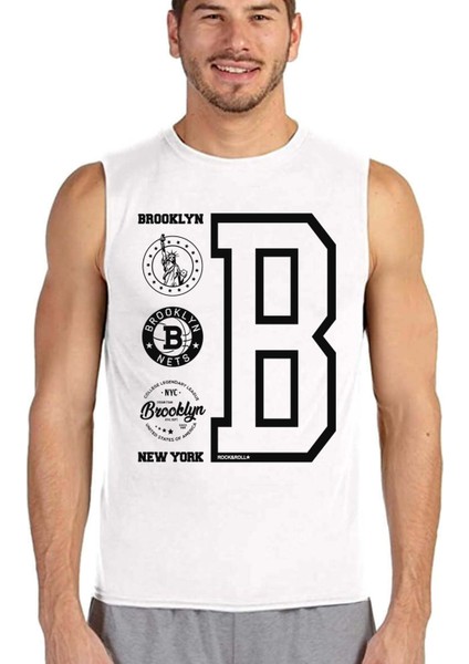 Brooklyn Logo Beyaz Erkek Kesik Kol / Kolsuz Tişört