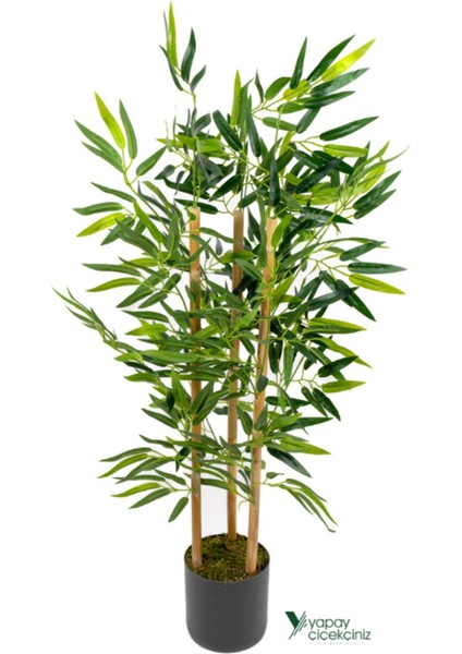 2 Adet Gri Saksıda Çim Detaylı Yapay Benjamin ve Bambu Ağacı, Yeşil, 101-125 cm modelleri