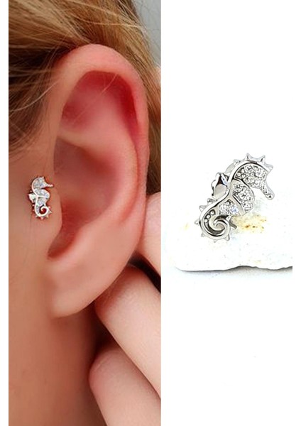 Zirkon Taş Detaylı Deniz Atı Figürlü 925AYAR Gümüş Tragus Helix Kikirdak Piercing