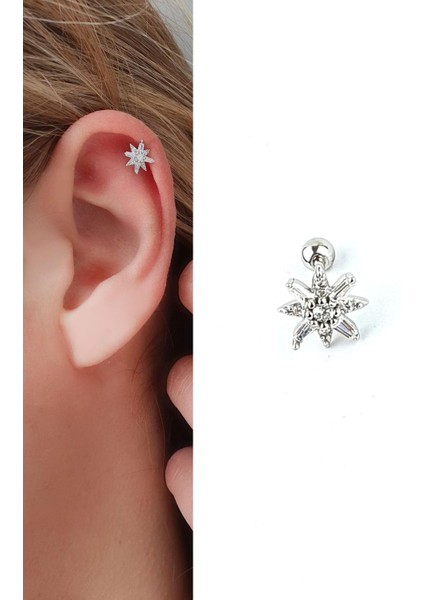 Zirkon Taş Detaylı 925AYAR Gümüş Tragus Helix Kikirdak Piercing