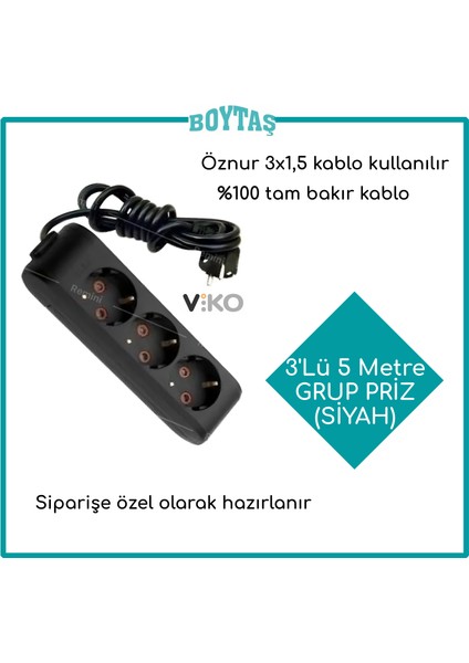 3'lü 5 Metre Grup Priz-Siyah(Öznur 3*1,5 Kablo Kullanılır)