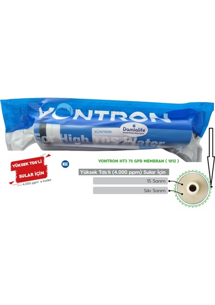 Vontron Yüksek Tds Li Sular Için 75 Gpd Ht 3 Membran Filtre