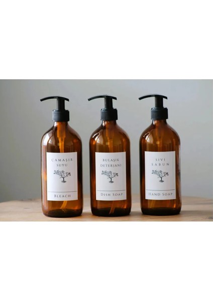 JUNİBELİW 3lü Set Beyaz Etiket Amber Cam Şişe Sabunluk Bulaşık Deterjanlık Çamaşır Suyu Sıvı Sabunluk 3X500ML BOŞ