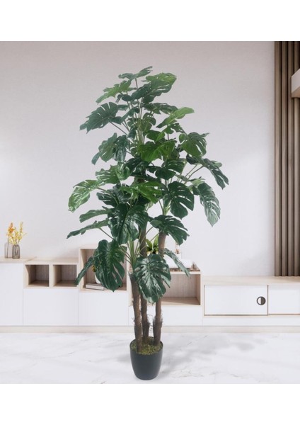 Yapay Monstera Çiçek, 135cm, 54 Yaprak, Siyah Saksı, Canlı ve Şık Dekoratif Bitki