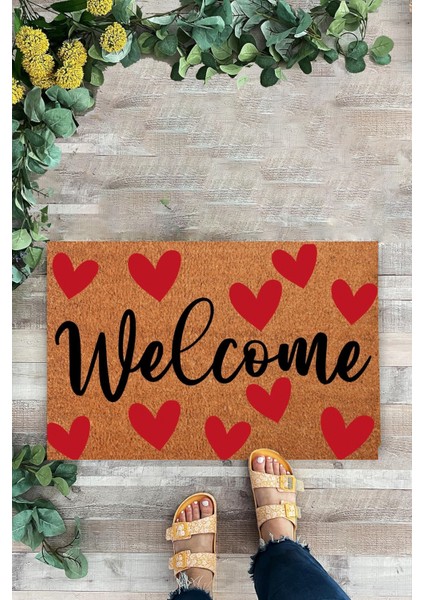 Welcome, Kırmızı Kalpler, Kapı Önü Paspas, Dijital Baskı