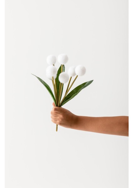 Beyaz Yapay Ponpon Çiçek, 35 cm, 7 Dal, Demet, 31-45 cm yükseklik
