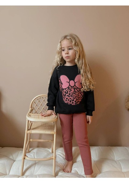 Sacro Kids Kurdeleli Minnie Mouse Baskılı Tayt-Sweatshirt 3 Iplik Kışlık Kız Çocuk Takım