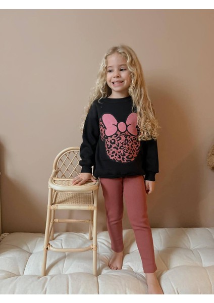 Sacro Kids Kurdeleli Minnie Mouse Baskılı Tayt-Sweatshirt 3 Iplik Kışlık Kız Çocuk Takım