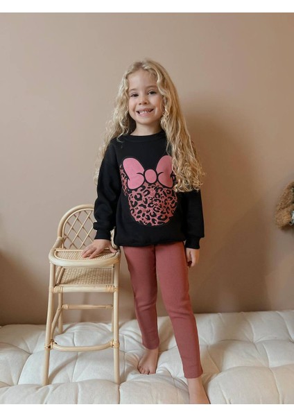 Sacro Kids Kurdeleli Minnie Mouse Baskılı Tayt-Sweatshirt 3 Iplik Kışlık Kız Çocuk Takım