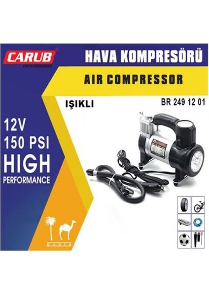 Hava Kompresörü 12V Metal LED Işıklı Siyah 13