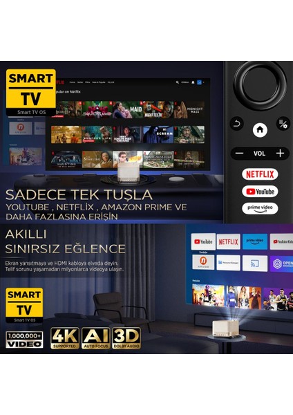 Aurzen Boom 3 4k Androidtv Projeksiyon Cihazı Autofocus+Autokeystone+6gwifi+5.2Bt+300 Inç Yansıtma