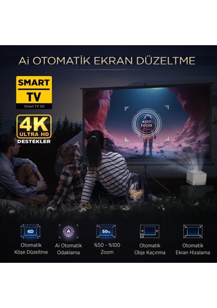 Aurzen Boom 3 4k Androidtv Projeksiyon Cihazı Autofocus+Autokeystone+6gwifi+5.2Bt+300 Inç Yansıtma