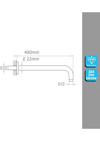 YT296 Ankastre Duvardan Tepe Duş Başlığı Borusu Oval 40CM