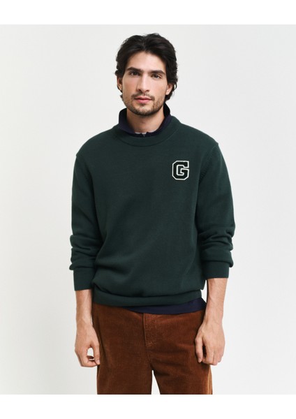 Erkek Yeşil Relaxed Fit Bisiklet Yaka Logolu Kazak 8030221.374