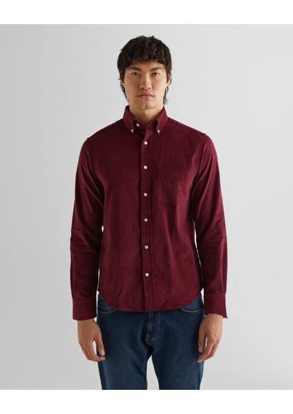 Erkek Bordo Regular Fit Düğmeli Yaka Kadife Gömlek 3230228.638