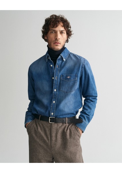 Erkek Mavi Regular Fit Düğmeli Yaka Logolu Gömlek 3240199.971