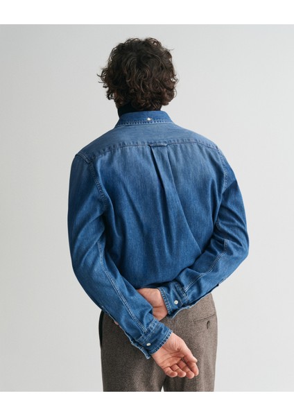 Erkek Mavi Regular Fit Düğmeli Yaka Logolu Gömlek 3240199.971
