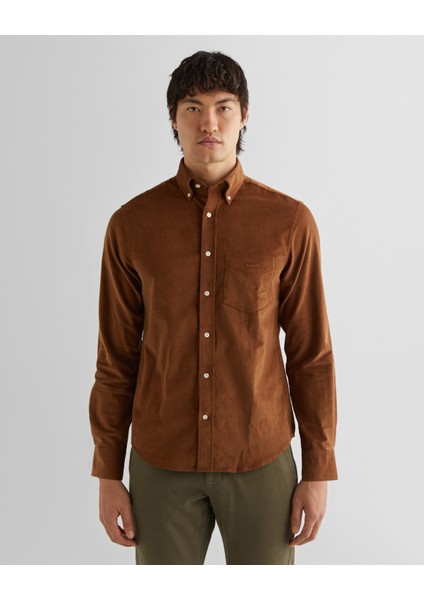 Erkek Kahverengi Regular Fit Düğmeli Yaka Kadife Gömlek 3230228.220