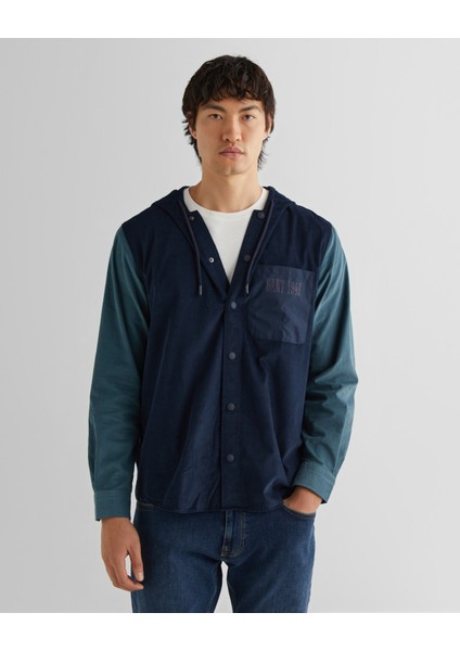 Erkek Lacivert Oversize Fit Kapüşonlu Logolu Gömlek 3824315T.410