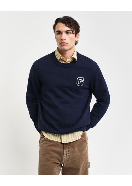 Erkek Lacivert Relaxed Fit Bisiklet Yaka Logolu Kazak 8030221.433