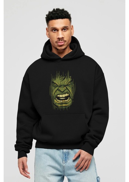 Hulk (3) Ön Baskılı Siyah Oversize Kapüşonlu Sweatshirt Erkek Kadın