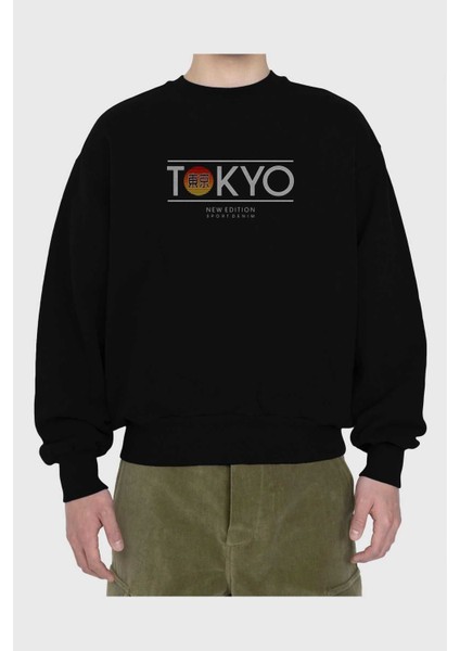 Tokyo Sport Ön Baskılı Siyah Oversize Sweatshirt Erkek Kadın Bisiklet Yaka fiyatları