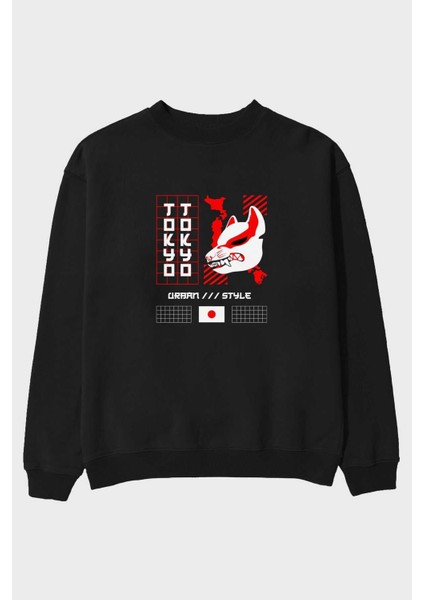Tokyo Urban Style Ön Baskılı Siyah Oversize Sweatshirt Erkek Kadın Bisiklet Yaka