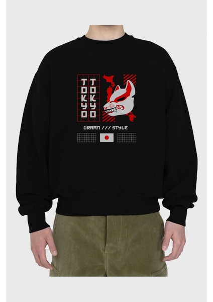 Tokyo Urban Style Ön Baskılı Siyah Oversize Sweatshirt Erkek Kadın Bisiklet Yaka fiyatları