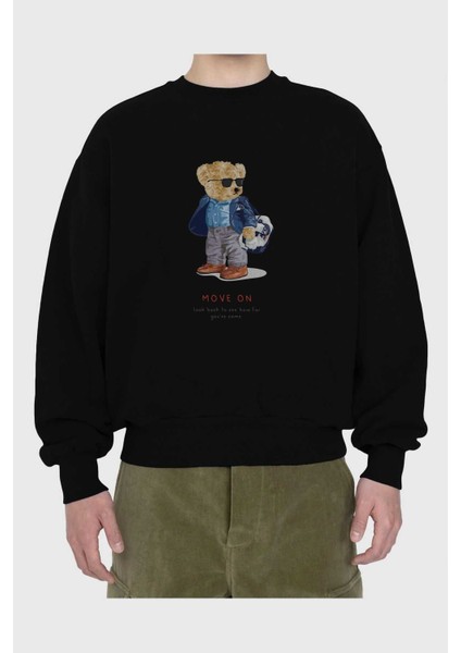 Teddy Bear Move On Ön Baskılı Siyah Oversize Sweatshirt Erkek Kadın Bisiklet Yaka fiyatları