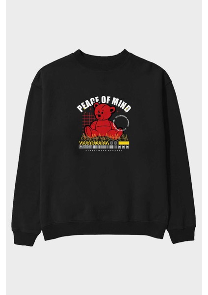 Teddy Bear Peace Of Mind Ön Baskılı Siyah Oversize Sweatshirt Erkek Kadın Bisiklet Yaka