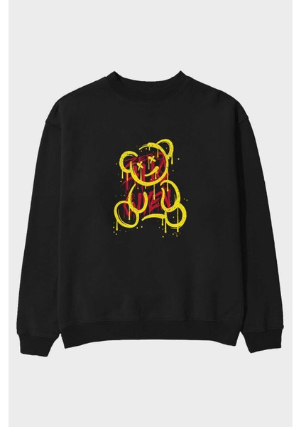 Zero Hug Bear Ön Baskılı Siyah Oversize Sweatshirt Erkek Kadın Bisiklet Yaka
