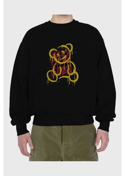 Zero Hug Bear Ön Baskılı Siyah Oversize Sweatshirt Erkek Kadın Bisiklet Yaka fiyatları