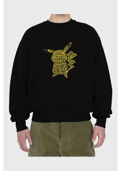 Pocket Monster Ön Baskılı Siyah Oversize Sweatshirt Erkek Kadın Bisiklet Yaka fiyatları