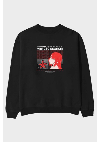 Yamete Kudasai Ön Baskılı Siyah Oversize Sweatshirt Erkek Kadın Bisiklet Yaka